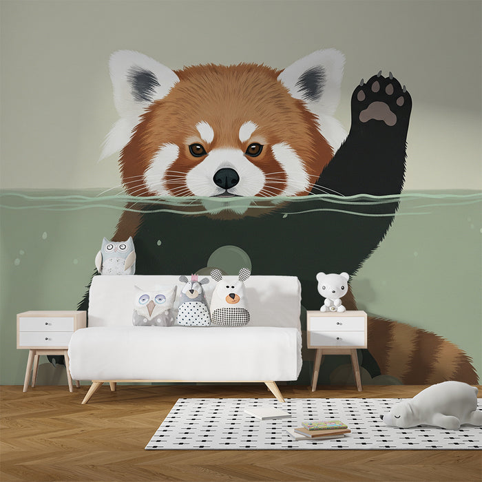 Barntapet | Lekfull röd panda i vattnet med färgglada bollar