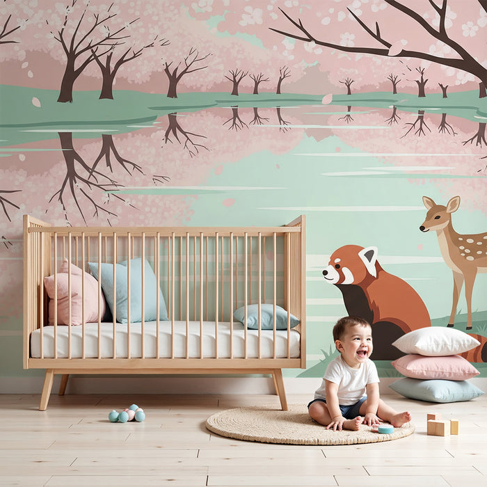 Papier peint chambre enfant | Panda roux et faon au bord d'un lac fleuri
