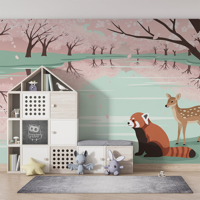 Papier peint chambre enfant | Panda roux et faon au bord d'un lac fleuri
