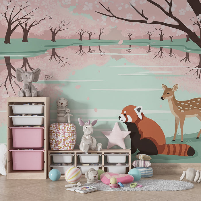 Papier peint chambre enfant | Panda roux et faon au bord d'un lac fleuri