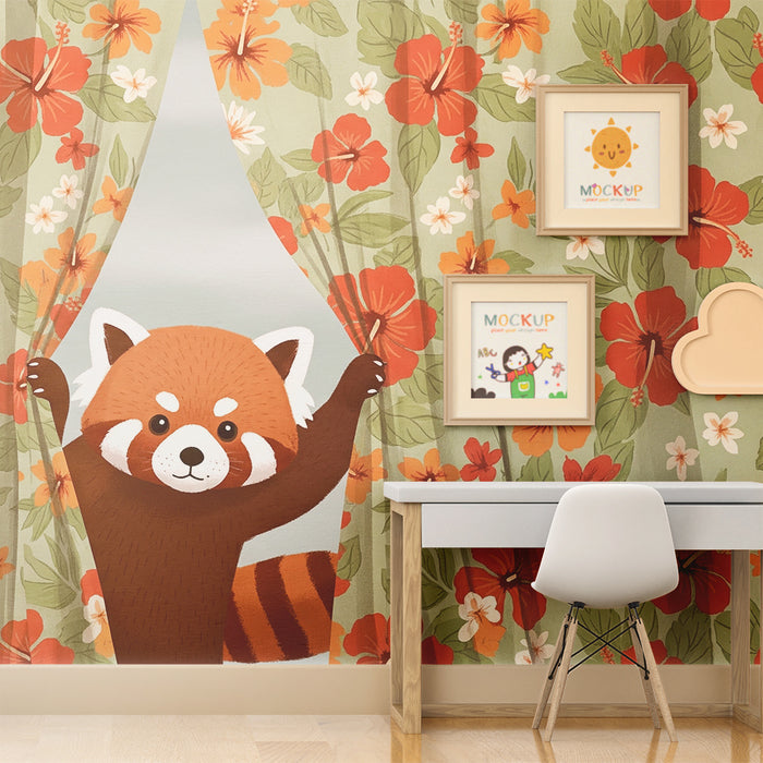 Detská izba tapeta | Červený panda a tropické kvety