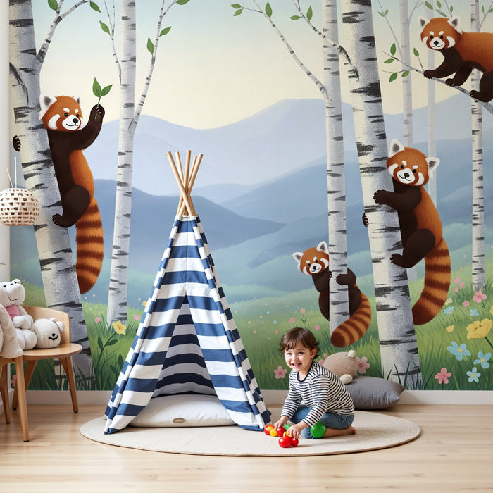 Papier peint chambre enfant | Panda roux et forêt enchantée