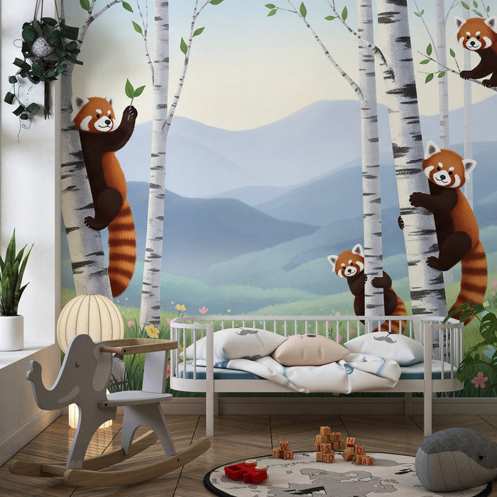 Papier peint chambre enfant | Panda roux et forêt enchantée