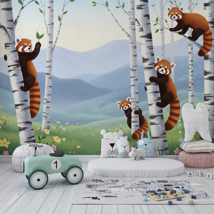 Papier peint chambre enfant | Panda roux et forêt enchantée