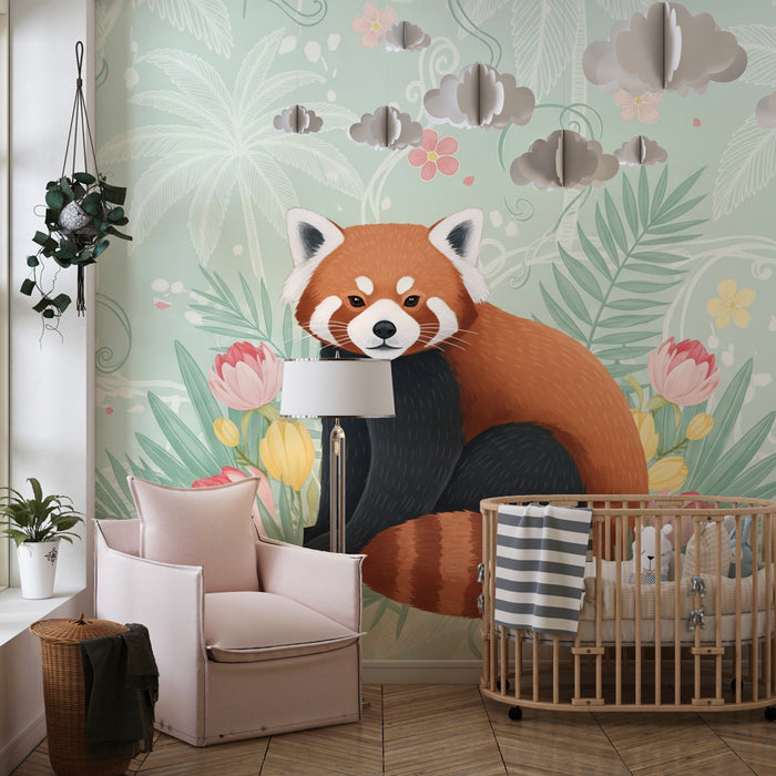 Carta da parati bambini | Panda rosso e giungla floreale