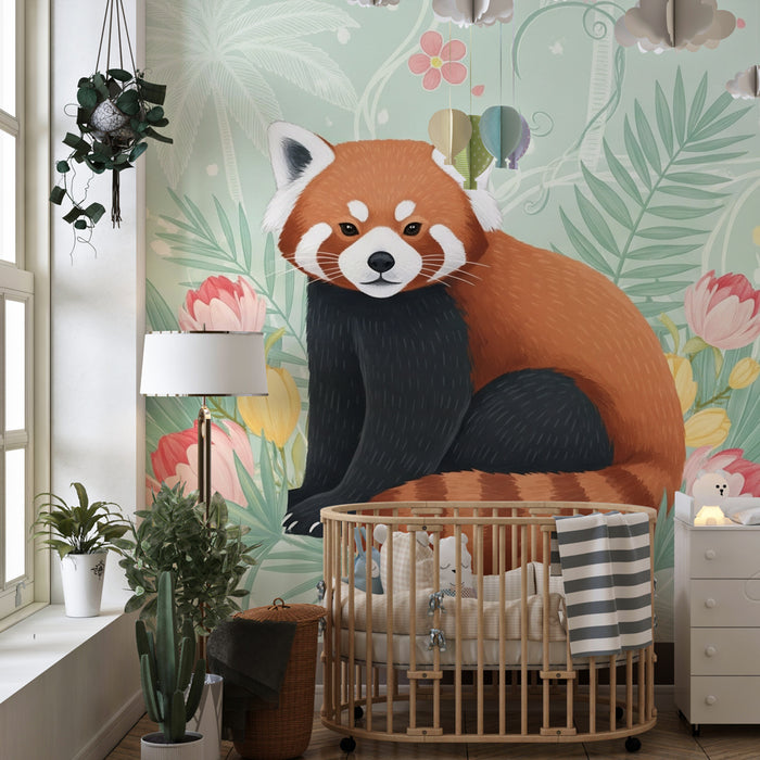 Carta da parati bambini | Panda rosso e giungla floreale