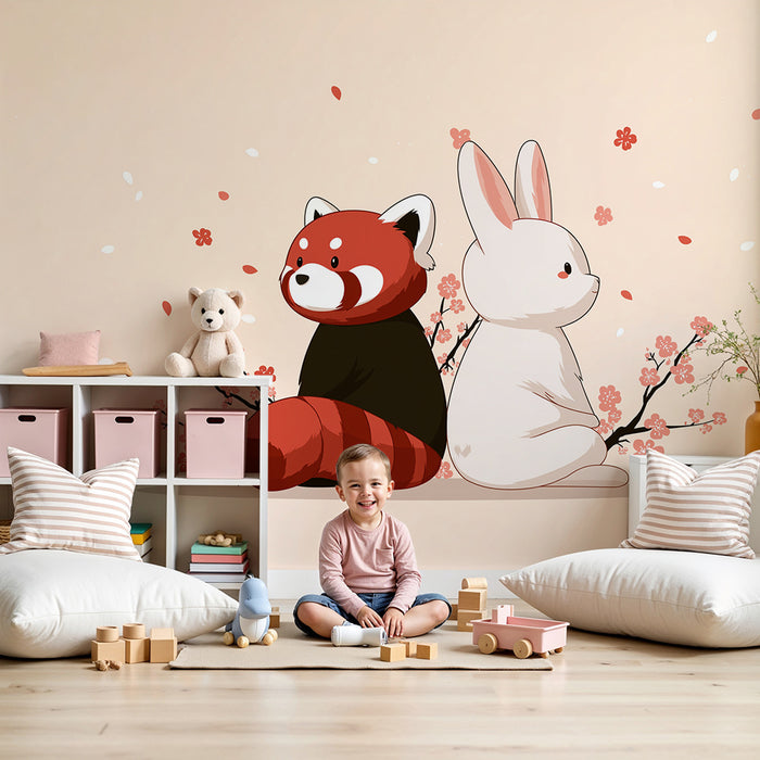 Papier peint chambre enfant | Panda roux et lapin entourés de fleurs délicates