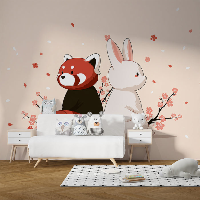Papier peint chambre enfant | Panda roux et lapin entourés de fleurs délicates