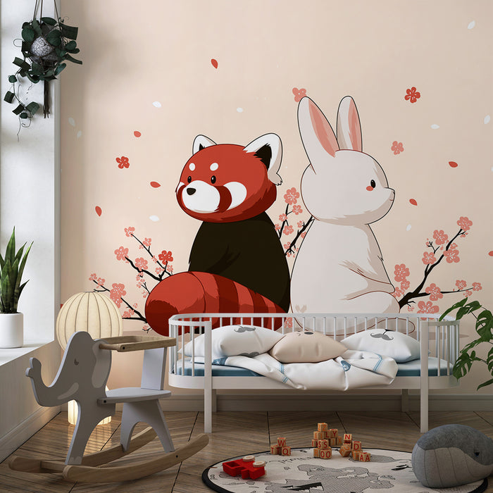 Papier peint chambre enfant | Panda roux et lapin entourés de fleurs délicates