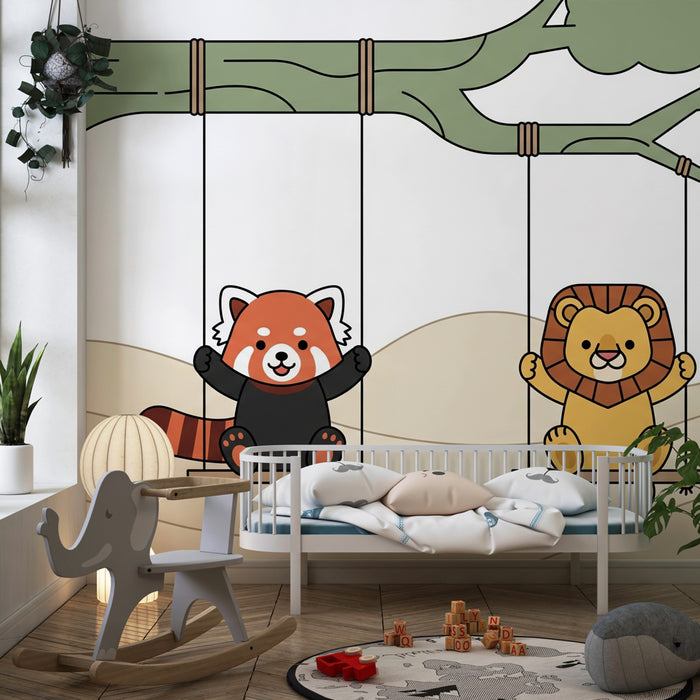Papel pintado infantil | Panda rojo y león en columpio