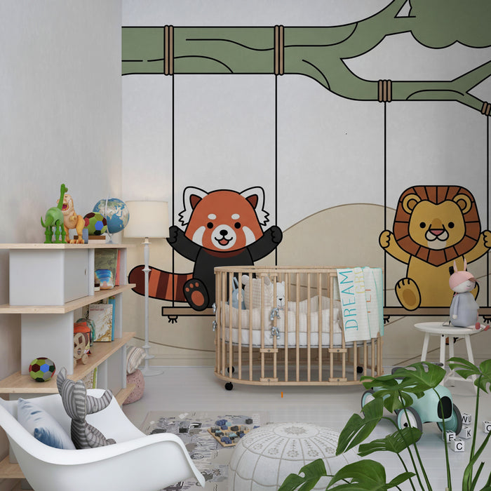 Papel pintado infantil | Panda rojo y león en columpio