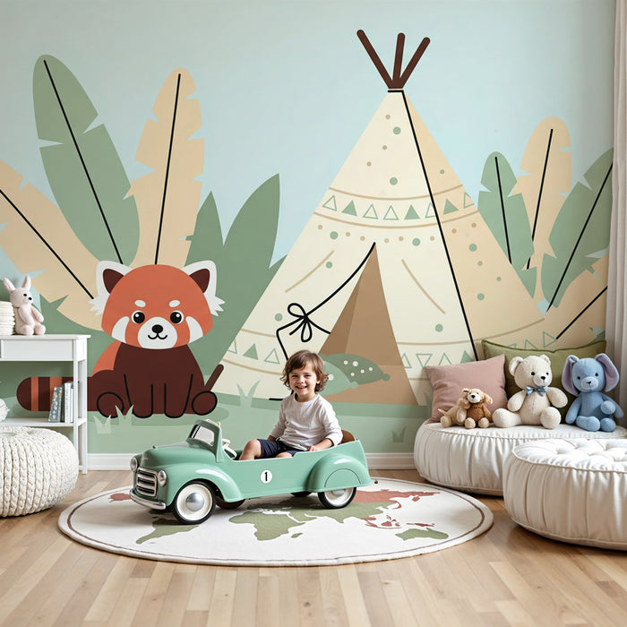 Kinderzimmer Tapete | Roter Panda und Abenteuer-Tipi