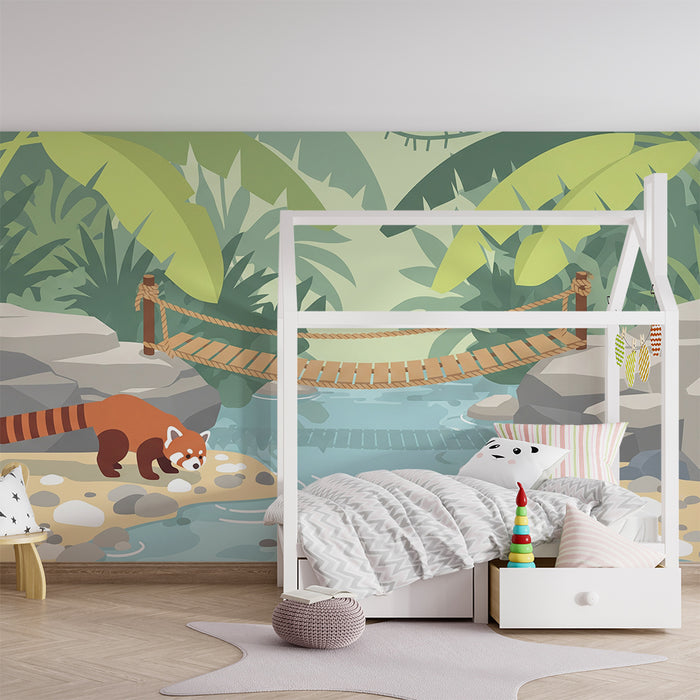Behang kinderkamer | Rode panda ontdekt een tropische beek