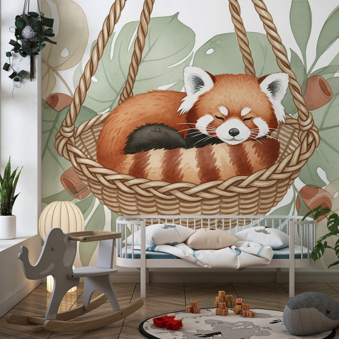 Papel pintado infantil | Panda rojo tranquilo en una hamaca