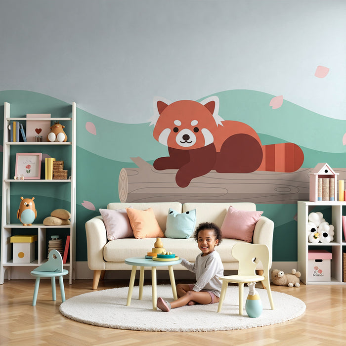 Kinderkamer behang | Rustige rode panda op een tak met kersenbloesems