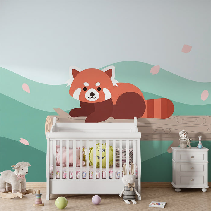 Kinderkamer behang | Rustige rode panda op een tak met kersenbloesems
