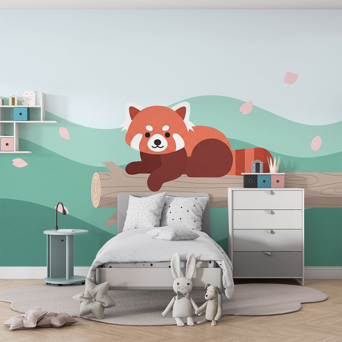 Kinderkamer behang | Rustige rode panda op een tak met kersenbloesems