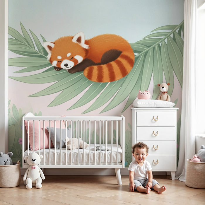 Kinderzimmer Tapete | Friedlicher Roter Panda auf einem Blatt