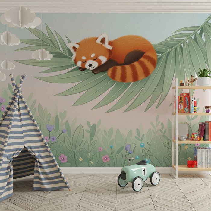 Kinderzimmer Tapete | Friedlicher Roter Panda auf einem Blatt