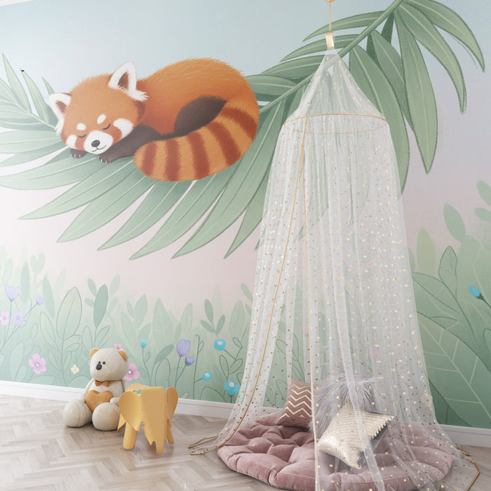 Kinderzimmer Tapete | Friedlicher Roter Panda auf einem Blatt