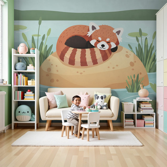 Papel pintado infantil | Panda rojo tranquilo en una roca