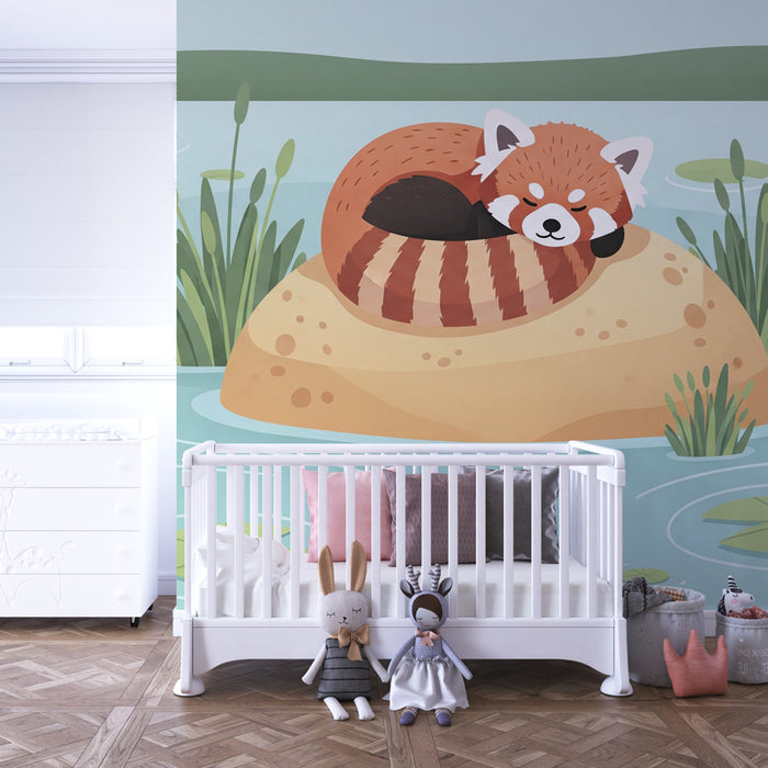 Papel pintado infantil | Panda rojo tranquilo en una roca