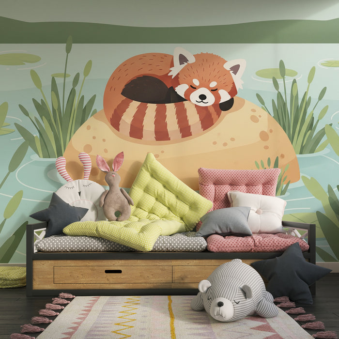 Papel pintado infantil | Panda rojo tranquilo en una roca
