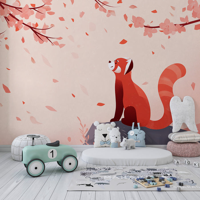 Kinderzimmer Tapete | Roter Panda unter blühenden Kirschbäumen