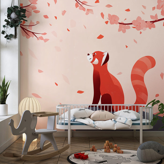 Kinderzimmer Tapete | Roter Panda unter blühenden Kirschbäumen