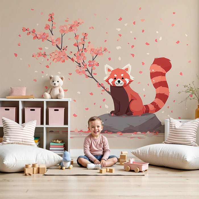 Carta da parati bambini | Panda rosso sotto un ciliegio in fiore