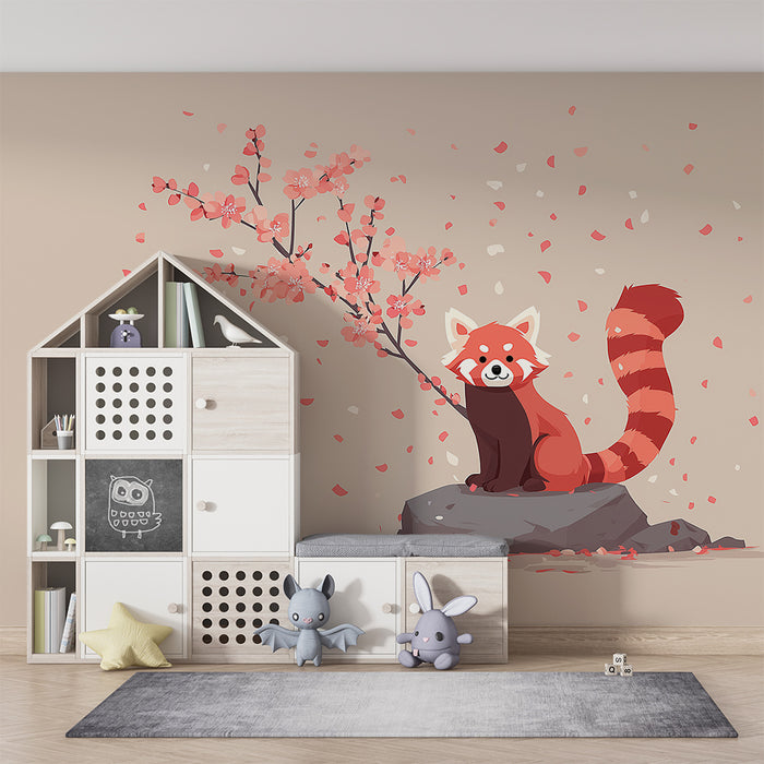 Carta da parati bambini | Panda rosso sotto un ciliegio in fiore