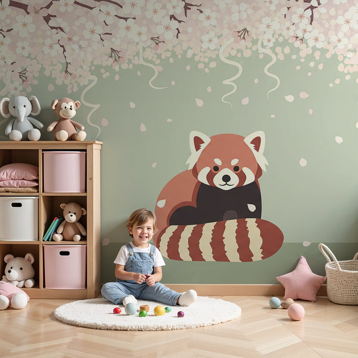 Kinderzimmer Tapete | Roter Panda unter blühendem Kirschbaum auf salbeigrünem Hintergrund