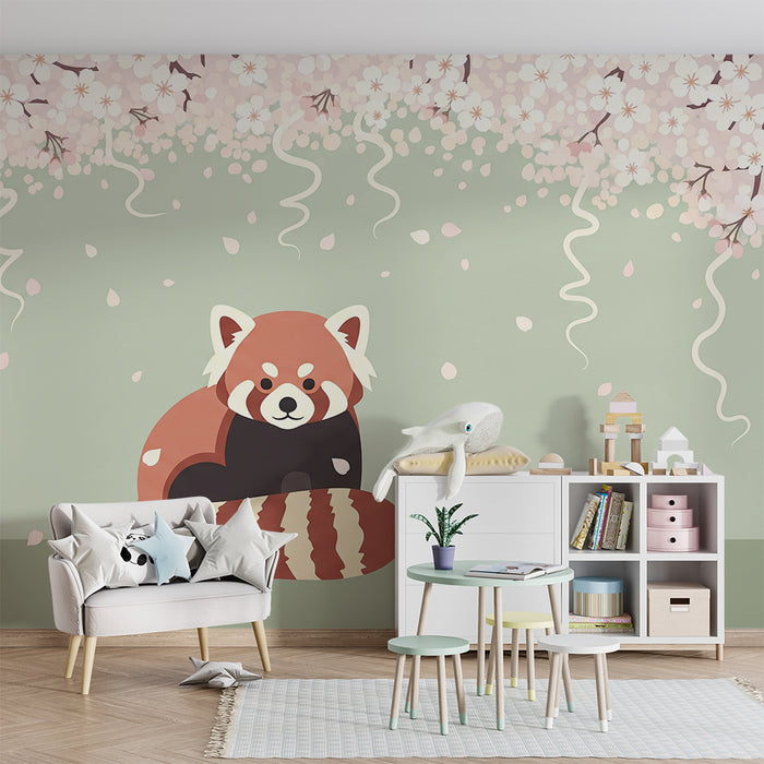 Kinderzimmer Tapete | Roter Panda unter blühendem Kirschbaum auf salbeigrünem Hintergrund