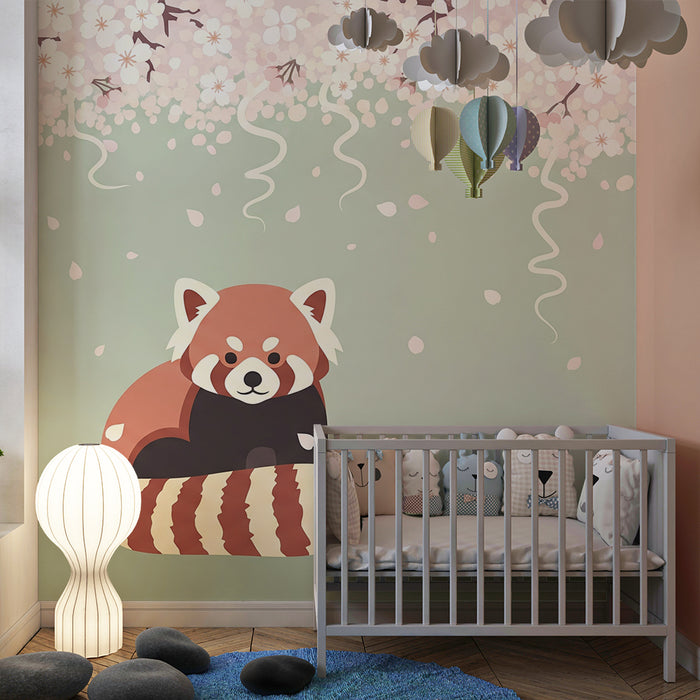 Kinderzimmer Tapete | Roter Panda unter blühendem Kirschbaum auf salbeigrünem Hintergrund
