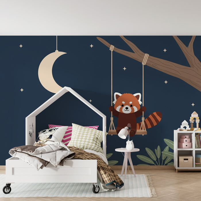 Papel pintado infantil | Panda rojo bajo un cielo estrellado