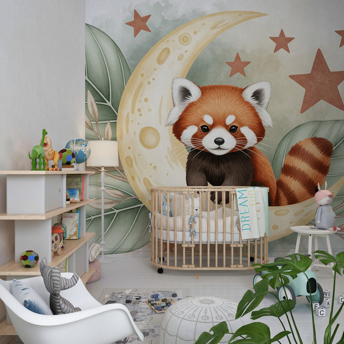 Kinderkamer behang | Rode panda op de maan