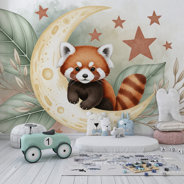 Kinderkamer behang | Rode panda op de maan