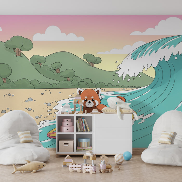 Papier peint chambre enfant | Panda roux sur sa planche de surf