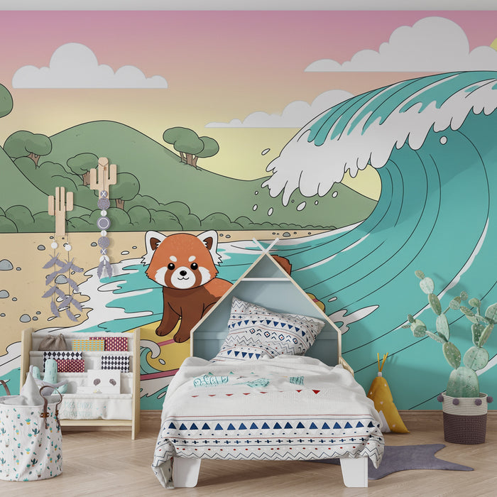 Papier peint chambre enfant | Panda roux sur sa planche de surf