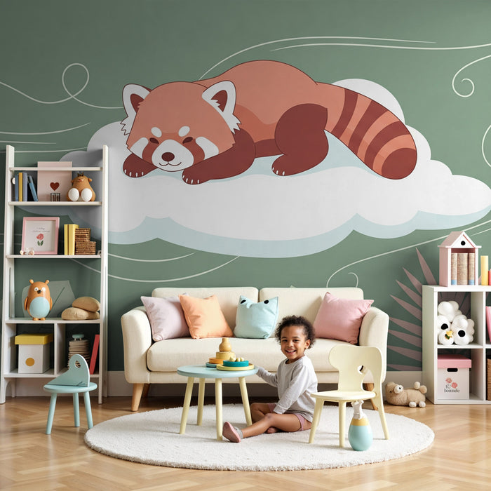 Kinderzimmer Tapete | Roter Panda auf einer Wolke