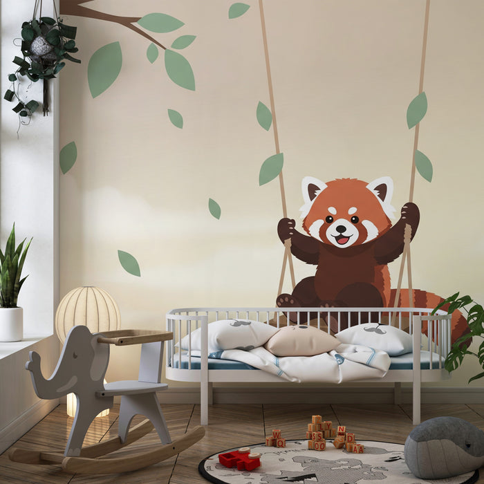 Kinderzimmer Tapete | Roter Panda auf einer Schaukel