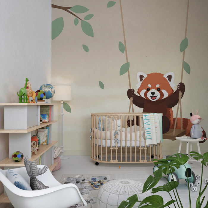 Kinderzimmer Tapete | Roter Panda auf einer Schaukel