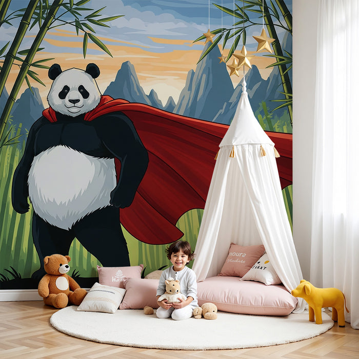 Kinderzimmer Tapete | Panda Superheld in einem Bambuswald
