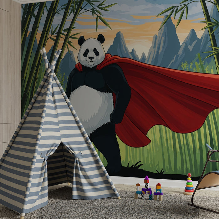 Kinderzimmer Tapete | Panda Superheld in einem Bambuswald