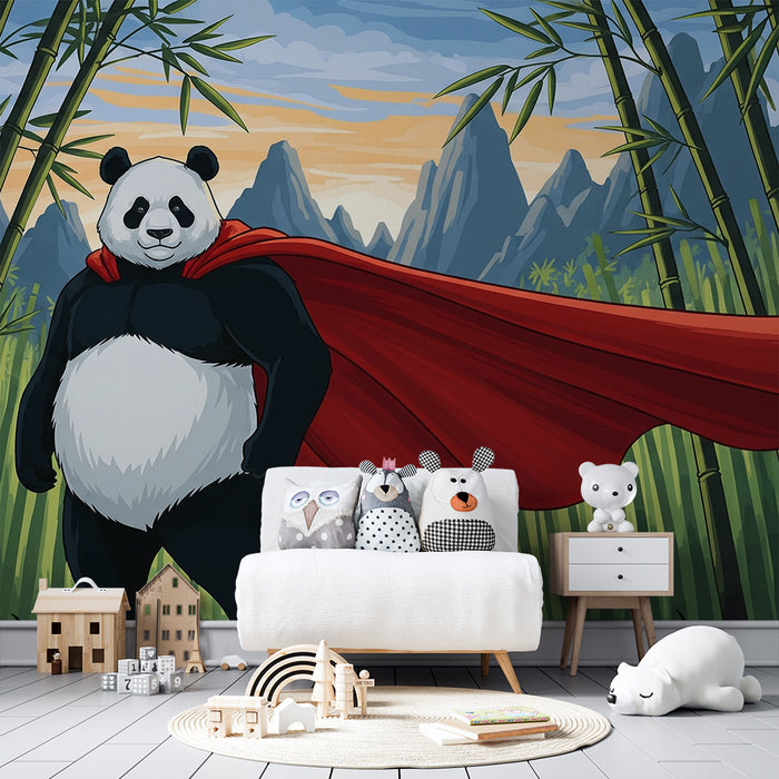 Kinderzimmer Tapete | Panda Superheld in einem Bambuswald