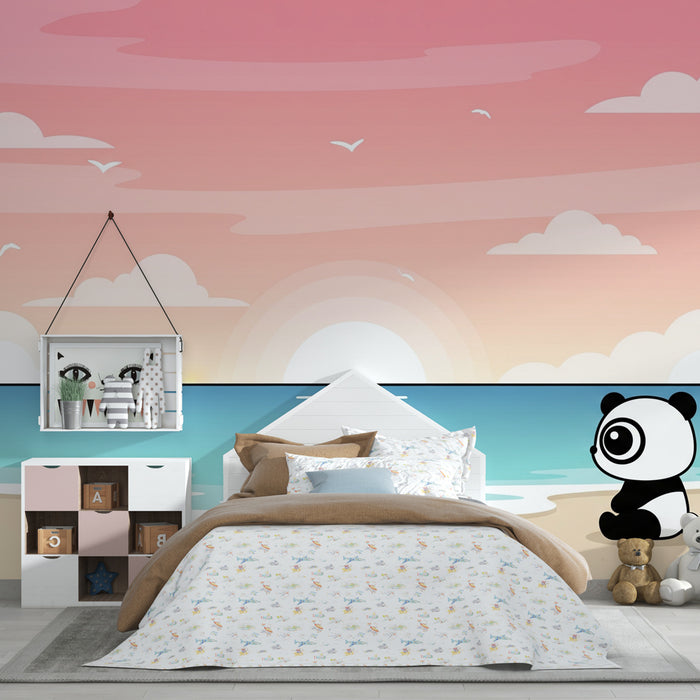 Kinderkamer behang | Panda op het strand bij zonsondergang