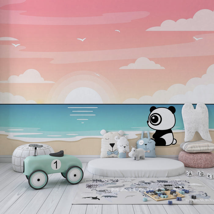 Kinderkamer behang | Panda op het strand bij zonsondergang