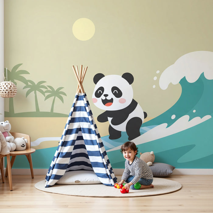 Papier peint chambre enfant | Panda surfeur et plage tropicale