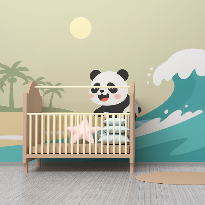 Papier peint chambre enfant | Panda surfeur et plage tropicale