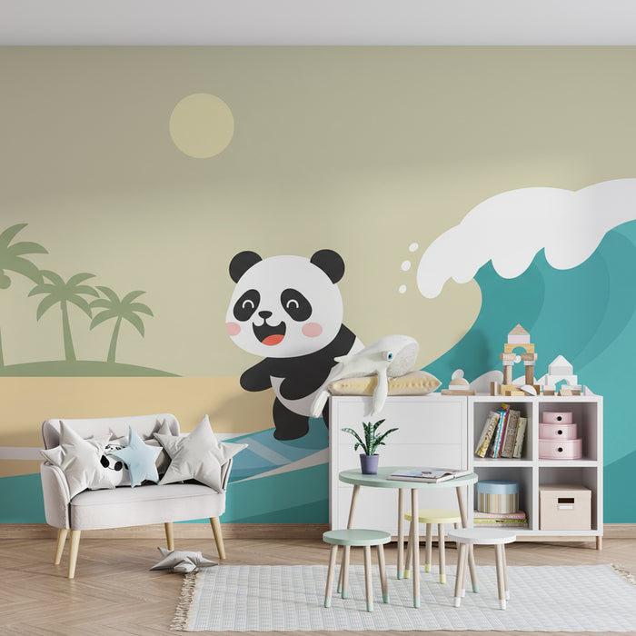 Papier peint chambre enfant | Panda surfeur et plage tropicale